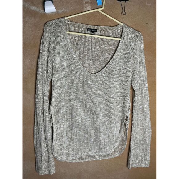 EXPRESS Knit Sweater V Neck Lace Up Sides Beige Casual Women's Size S - Picture 2 of 11